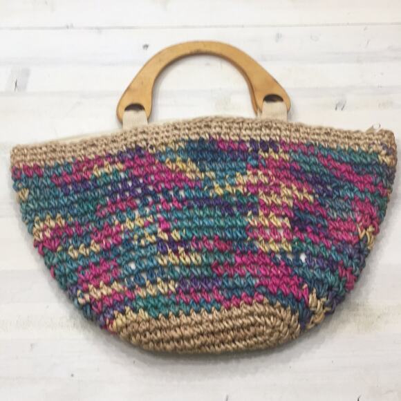 Summer Beach Colorful wooden handles straw tote bag purse - Picture 2 of 3